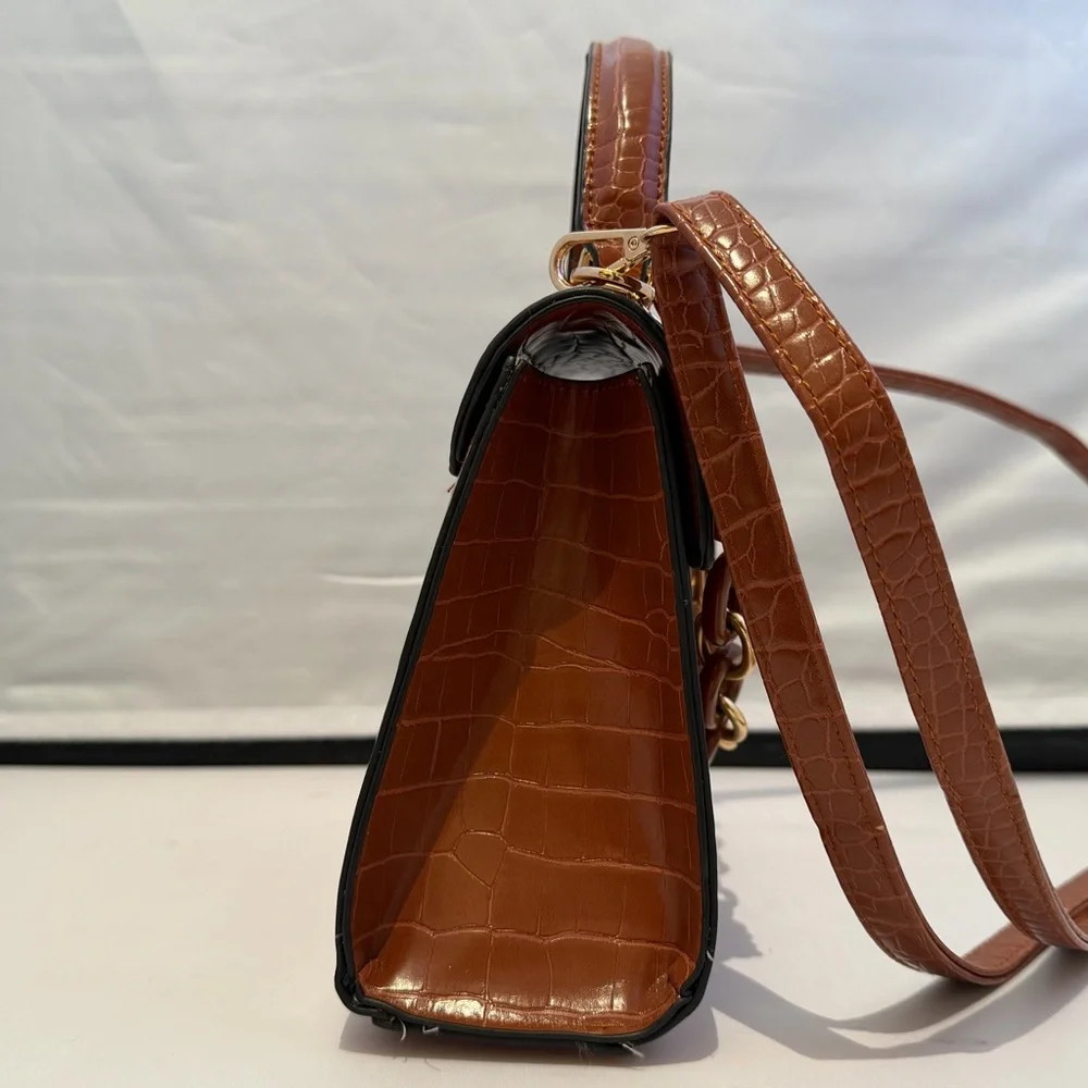 ALDO Brown Croc-Embossed Top Handle Bag with Gold Chain - Picture 5 of 7